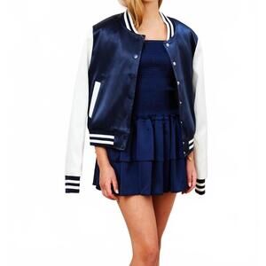 NEW THEME valley satin varsity jacket in navy & white